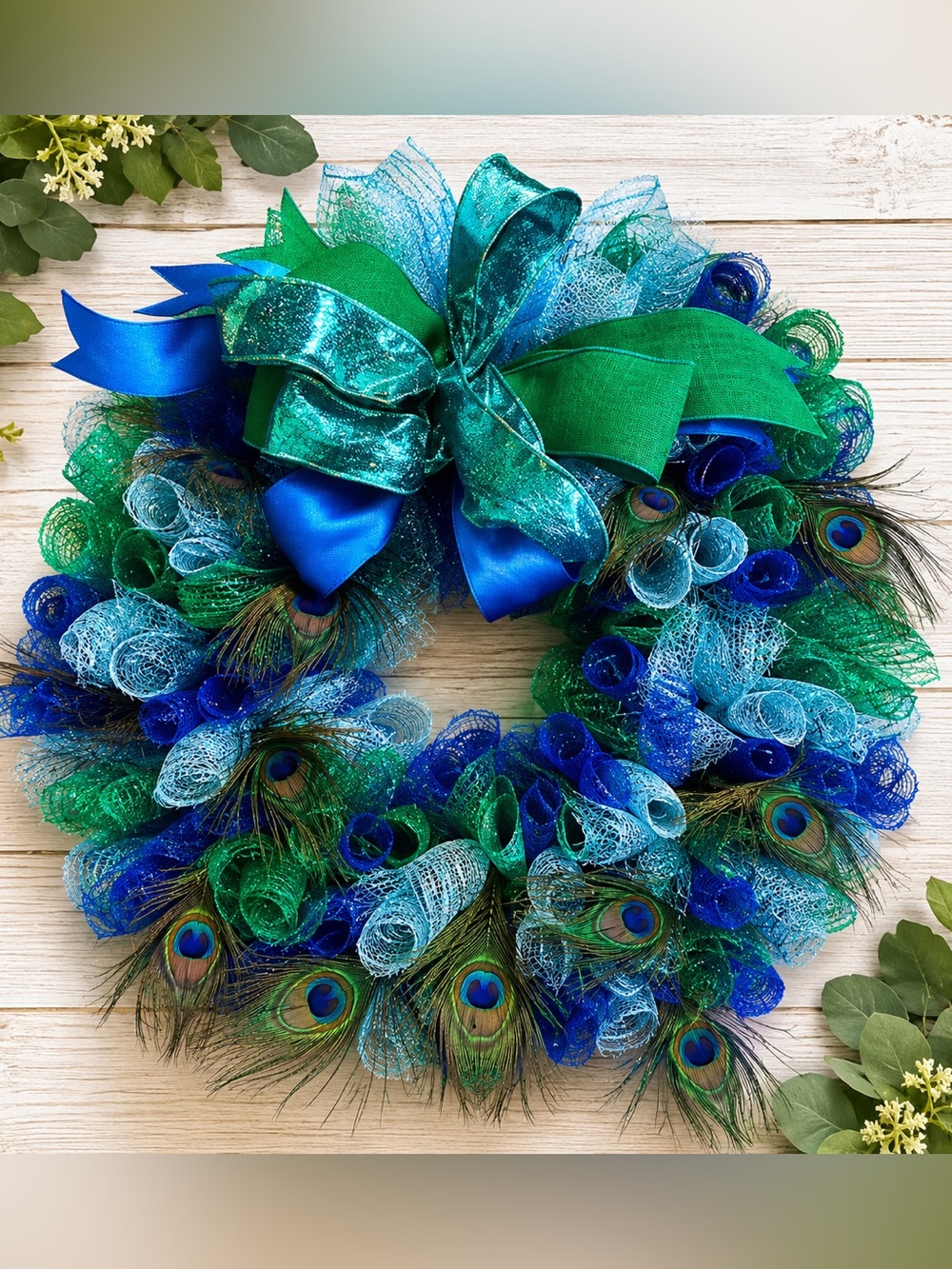 Decorative 18x18 Peacock Feather Holiday Wreath in Blue & Green